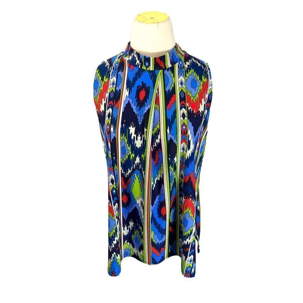 New Jude Connally‎ Sleeveless Top Medium Bold Ikat Geometric Mock Neck Classy